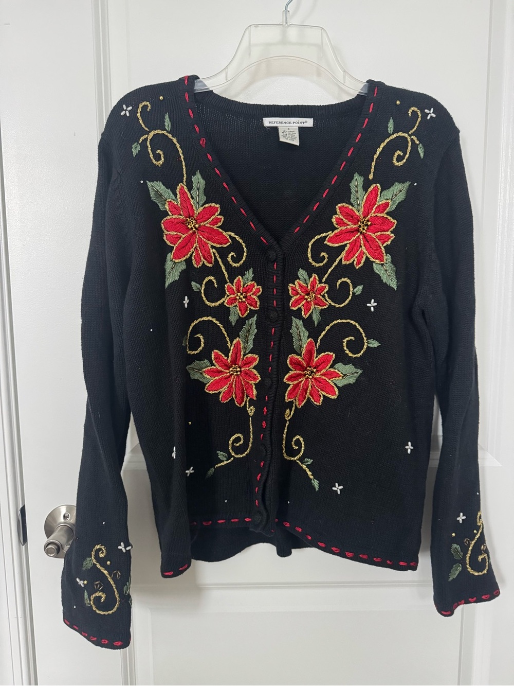 Black Floral Embroidered V-Neck Cardigan Sweater